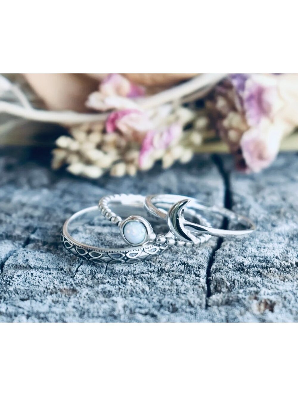New - Retro Three-Piece Stacking Moon and Opal Ring Set - Size 8